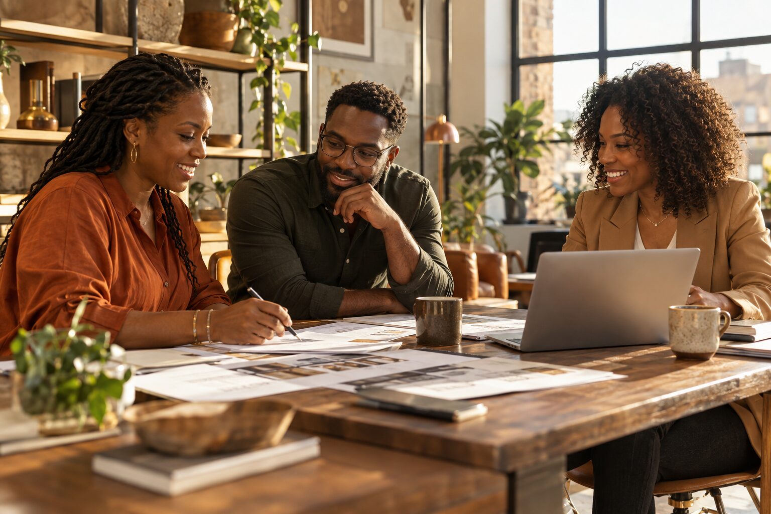 Black small business owners collaborating around a table in a warm, sunlit office